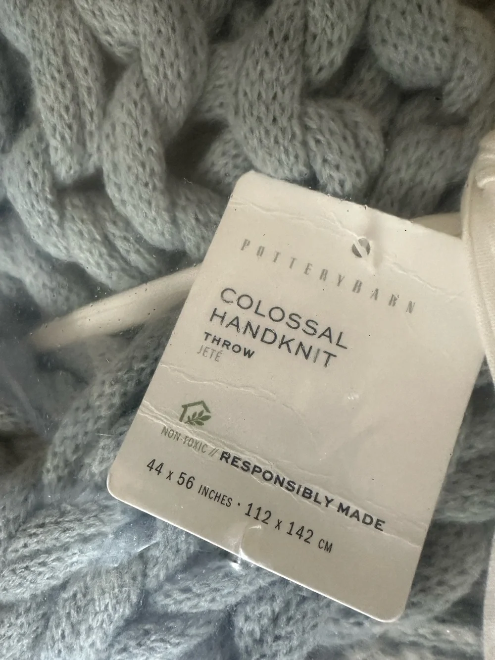 Pottery Barn Chambray Blue Colossal Handknit Throw 44x56” New In Package, $179